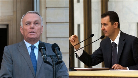 Ngoại trưởng Pháp Jean-Marc Ayrault (trái) và tổng thống Syria Assad.